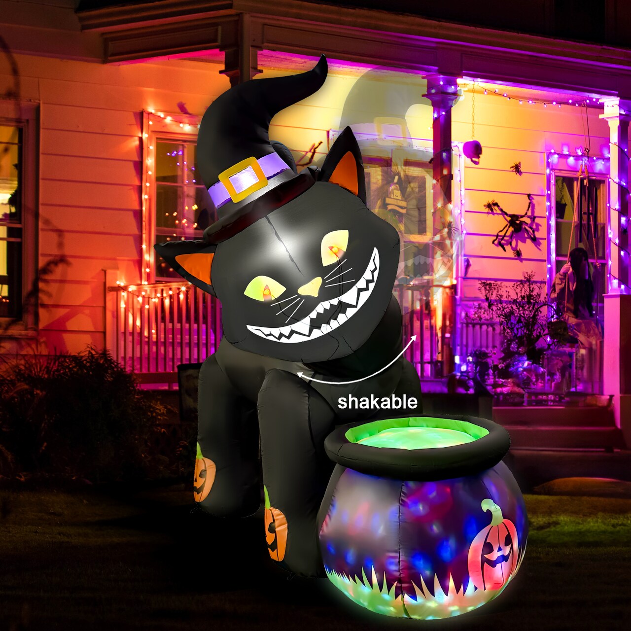 GOOSH 5.2FT Animated Inflatable Black Cat with Witch Hat and Cauldron – Light-Up Halloween Yard Decoration
